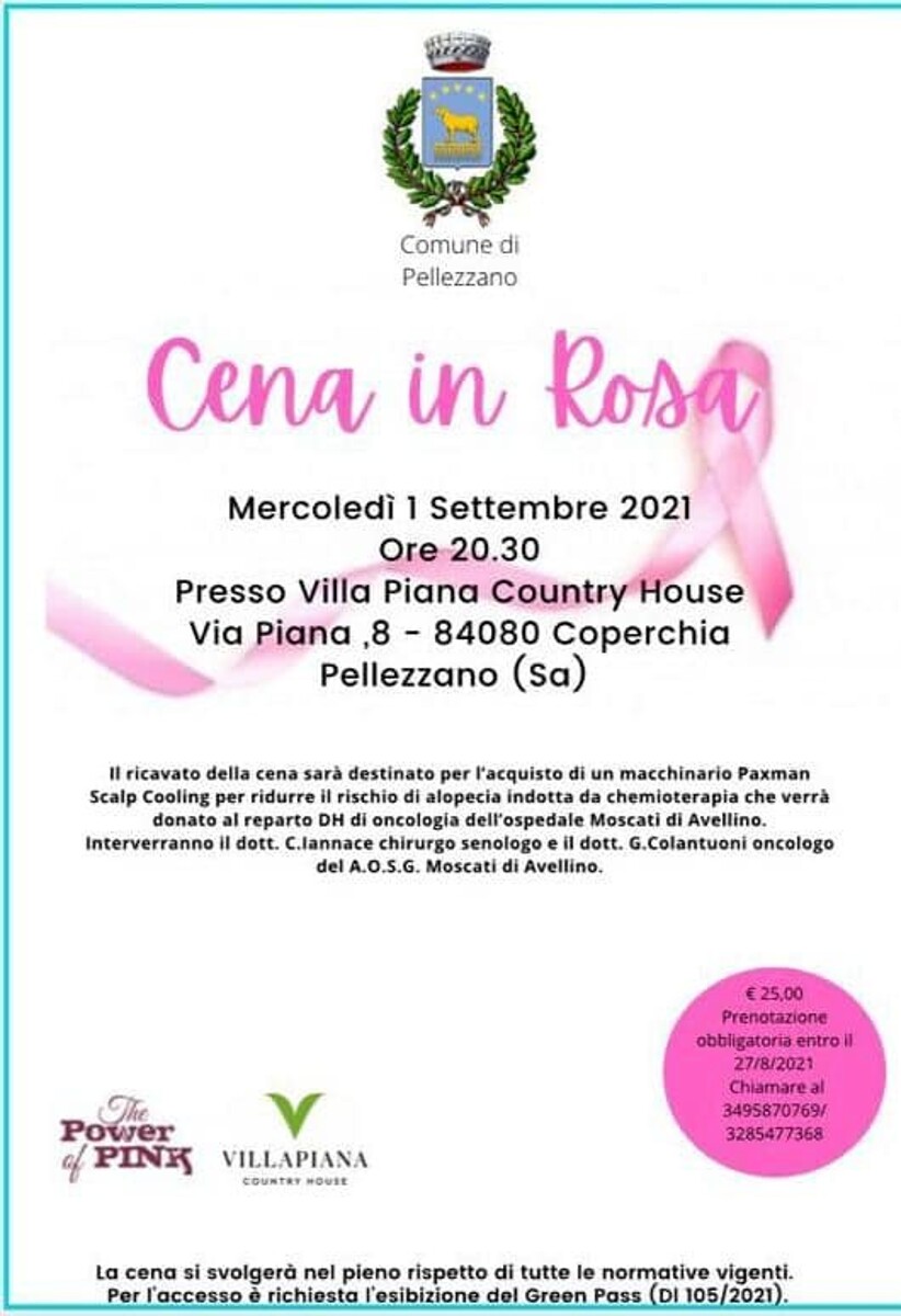 Pellezzano, il 1 settembre la prima “Cena in Rosa” per la prevenzione del tumore al seno