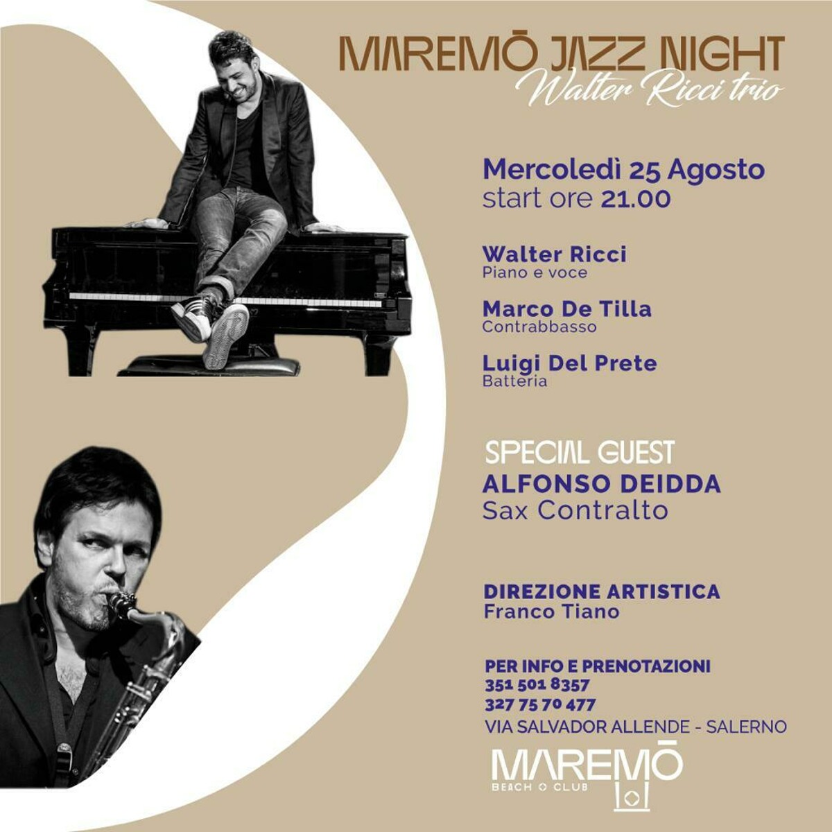 Ritorna il jazz al Maremō Beach & Club: serata speciale con Walter Ricci