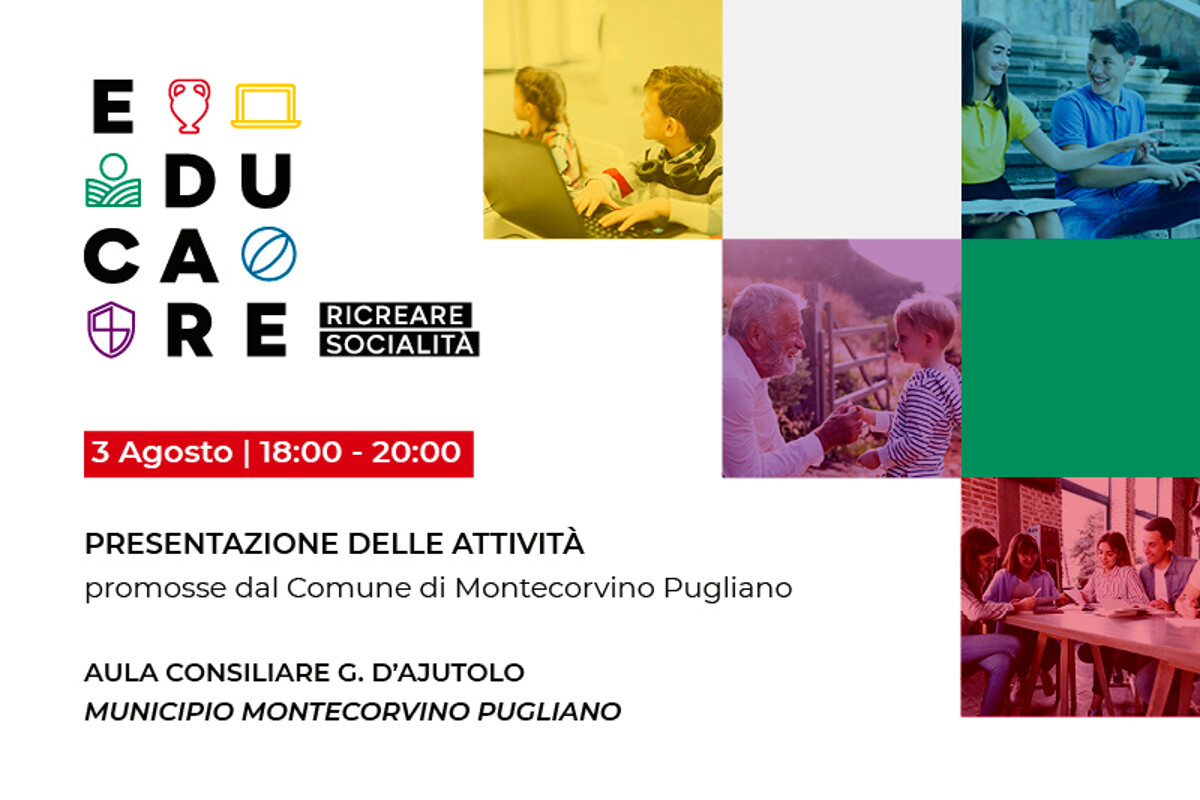 Progetto “Educare”, domani 3 agosto la presentazione delle attività in programma a Montecorvino Pugliano