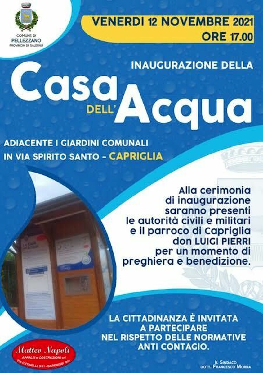 Pellezzano, si inaugura la nuova Casa dell’Acqua a “Capriglia”