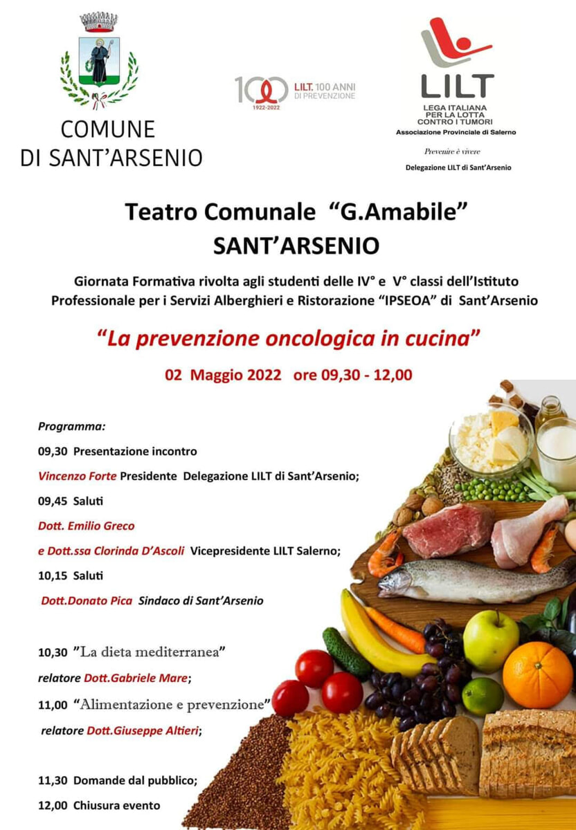 Sant’Arsenio, lotta ai tumori: lunedì incontro scuole-dieta mediterranea