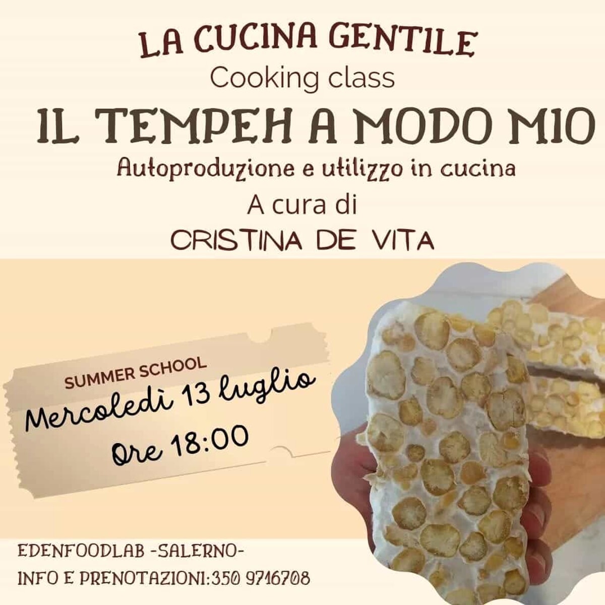 “Il tempeh a modo mio!”: autoproduzione e utilizzo in cucina, la lezione a cura della cuciniera vegana Cristina De Vita