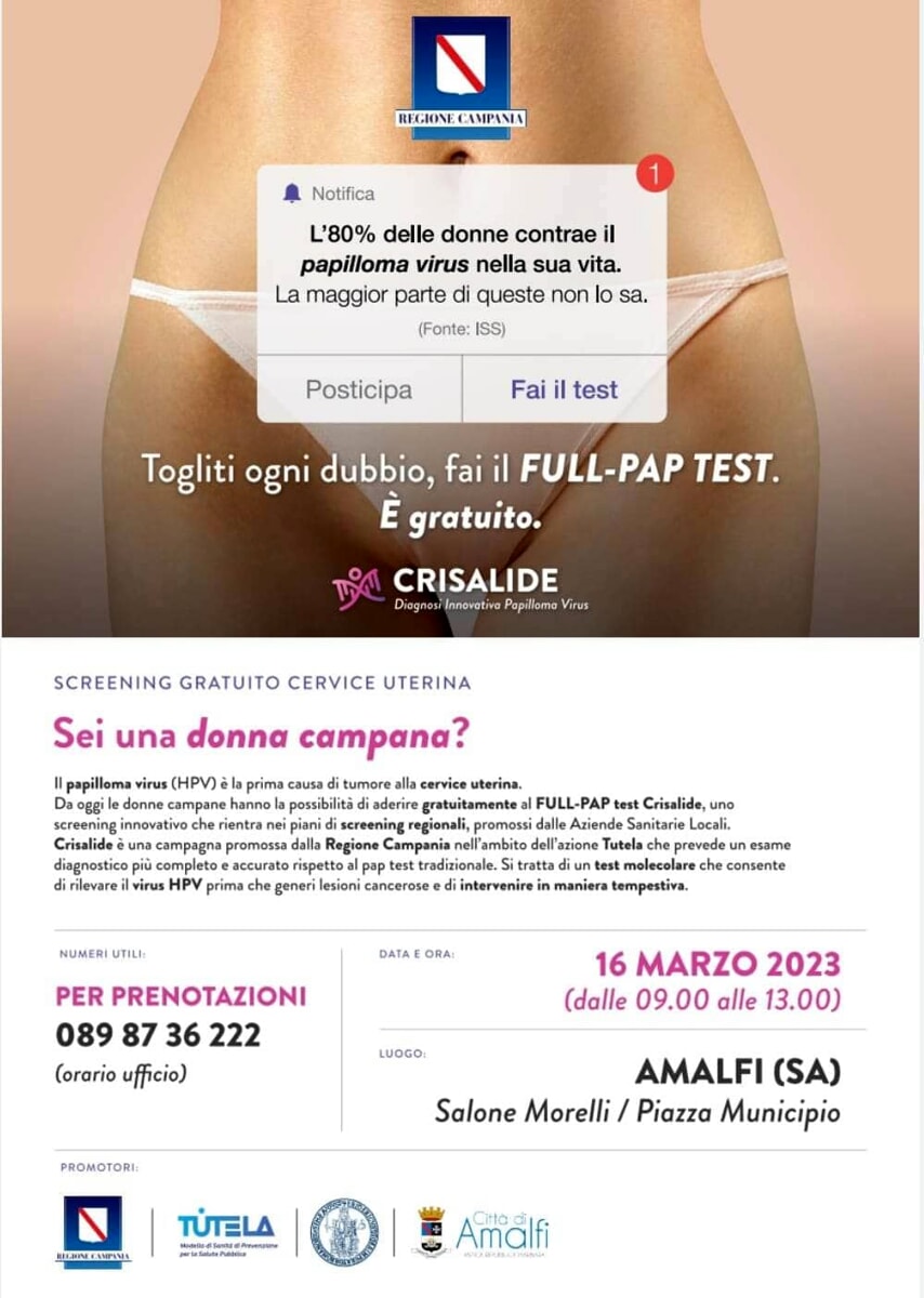 Salute: Amalfi aderisce alla campagna di screening gratuito per il Full Pap Test Crisalide