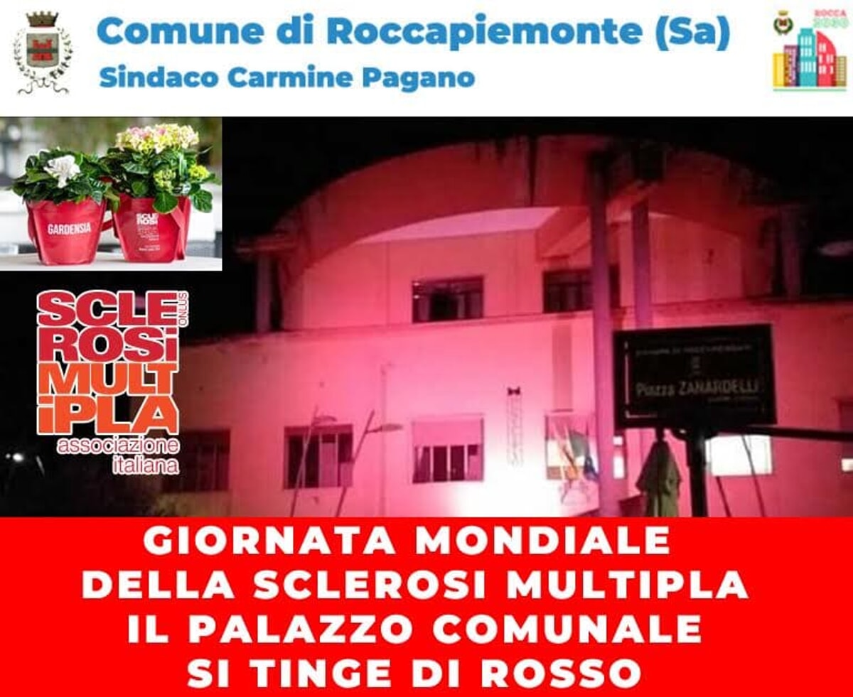 Giornata Mondiale della Sclerosi Multipla, il Comune di Roccapiemonte si illumina di rosso